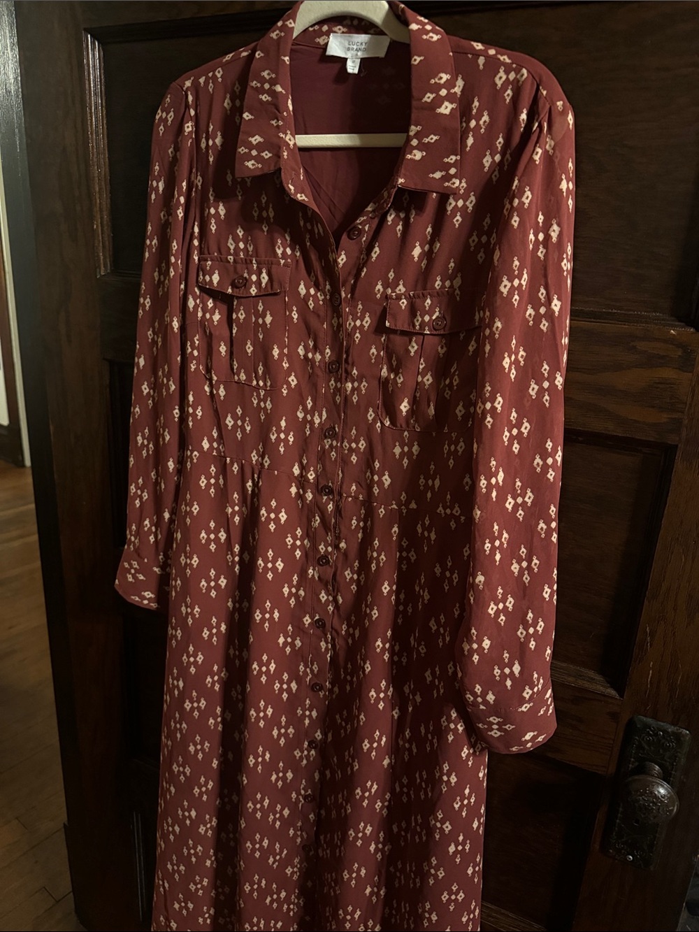 Lucky Brand Rust Shirt Dress with Cream Motif, Size 12 - Picture 3 of 5